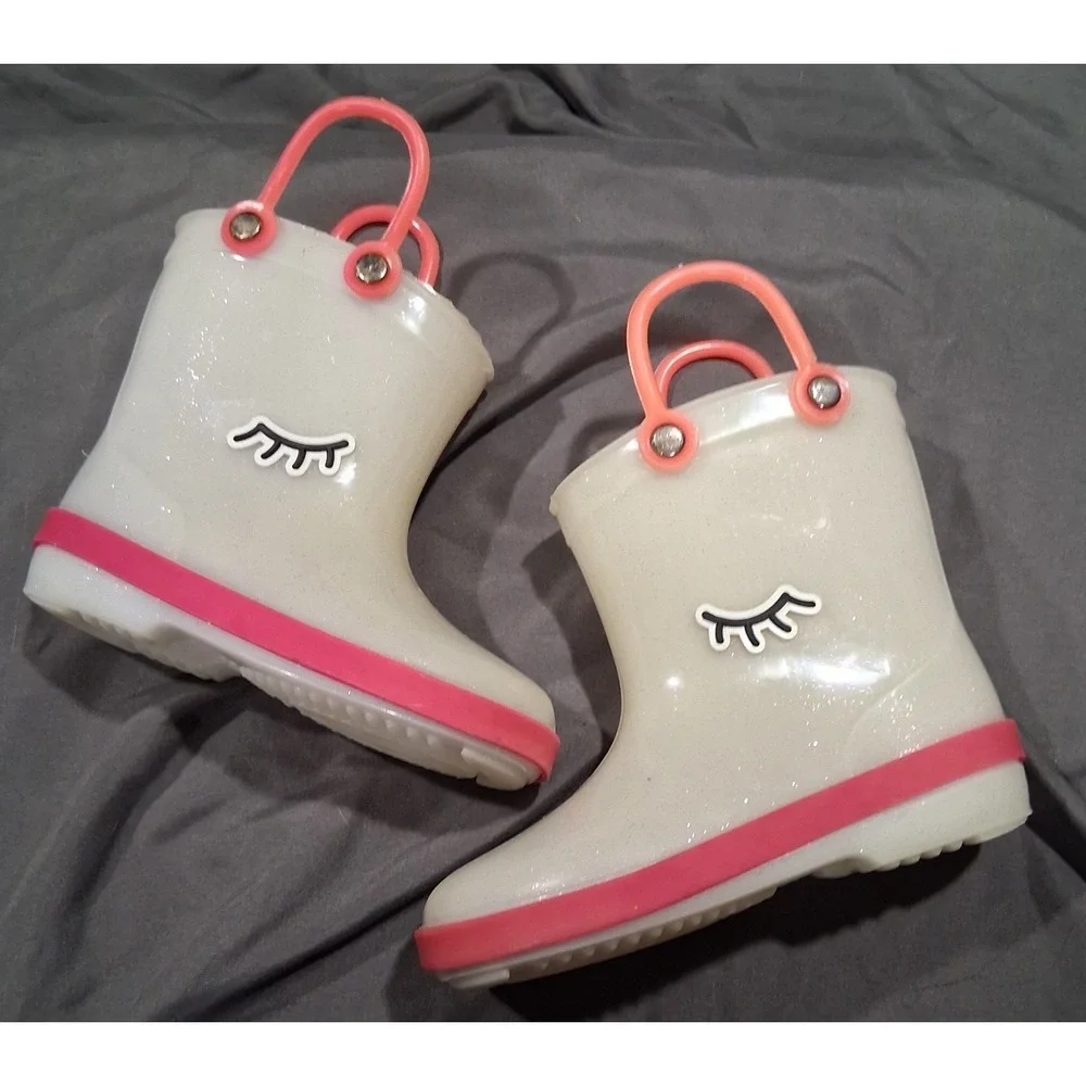 Girls Clear Glitter Rain Boots Pink Trim Eyelash Graphic‎ MEX 14 Toddler 7-8